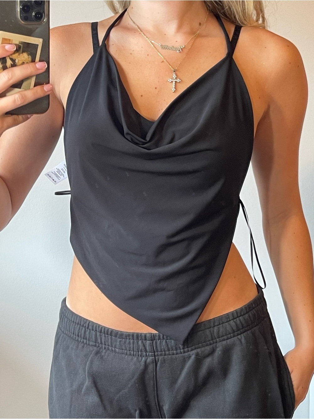 Black Cowl Neck Handkerchief Hem Halter Top